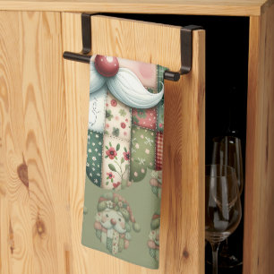 Whimsical Patchwork Santa Folk Christmas Tea Towel