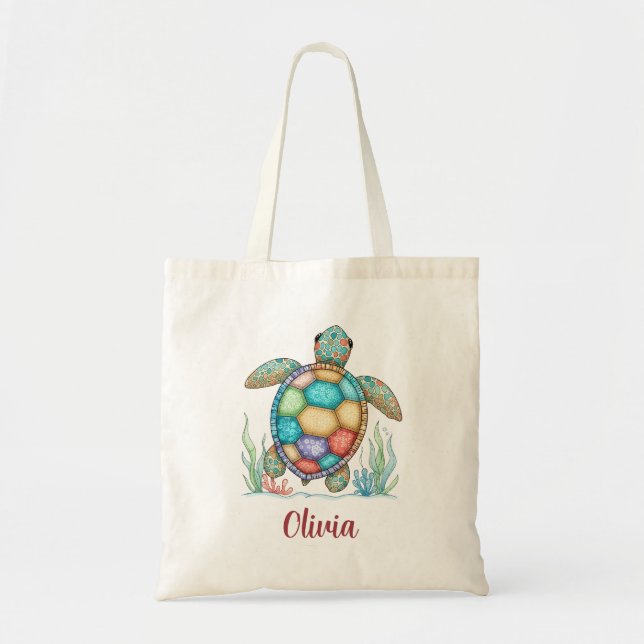 Whimsical Patchwork Sea Turtle Tote Bag (Front)