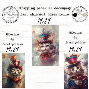 Whimsical Patriotic Fantasy Cat Artwork Decoupage  Wrapping Paper Sheet