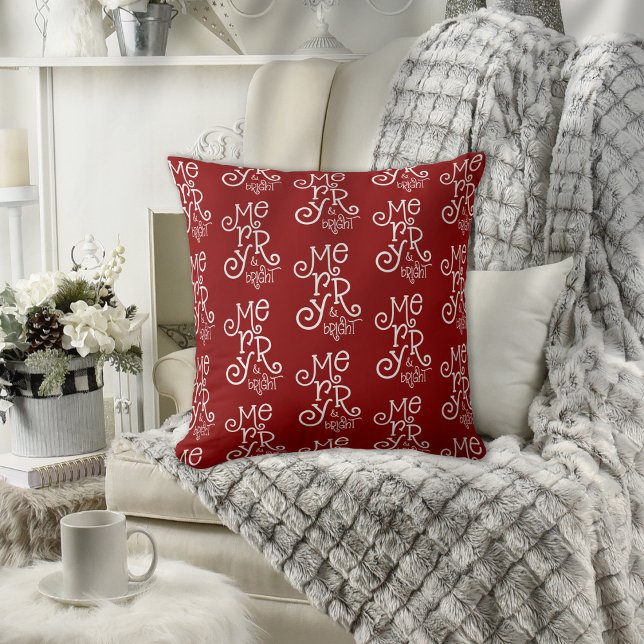 Whimsical Pattern Merry Bright Christmas Berry Red Cushion (Creator Uploaded)