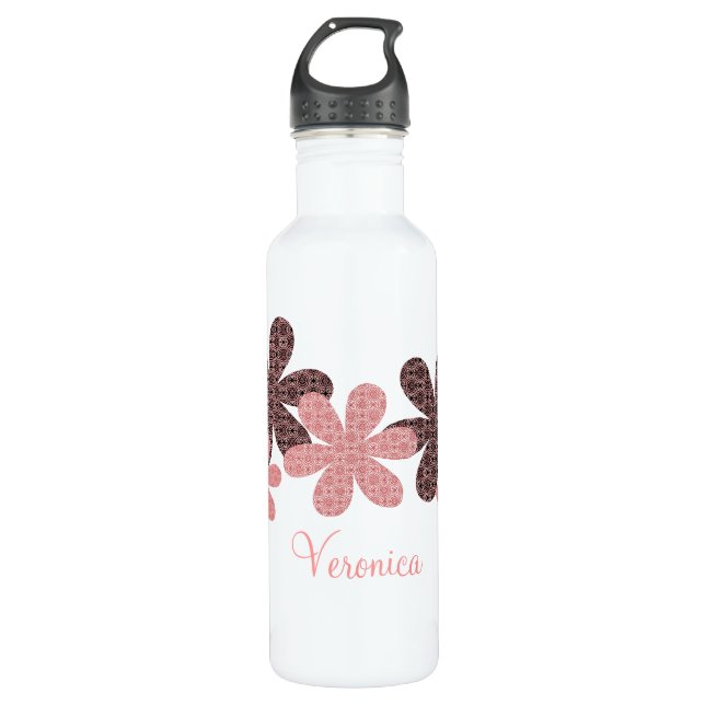 Whimsical Patterned Flowers Bottle, Pink 710 Ml Water Bottle (Front)