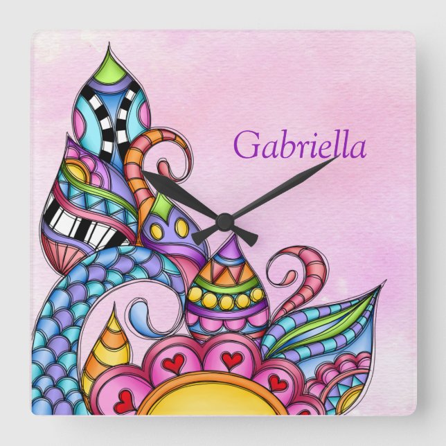 Whimsical Patterns Shapes and Swirls Square Wall Clock (Front)