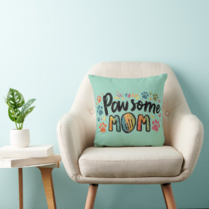 Whimsical "Pawsome MOM" Graphic with Colorful Paws Cushion
