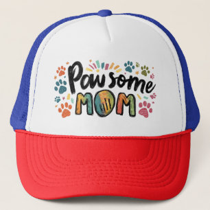 Whimsical "Pawsome MOM" Graphic with Colorful Paws Trucker Hat
