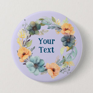 Whimsical Peach and Blue Flower Wreath Lapel Charm 7.5 Cm Round Badge