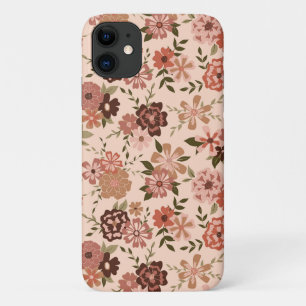Whimsical Peach Brown Floral Pattern iPhone 11 Case