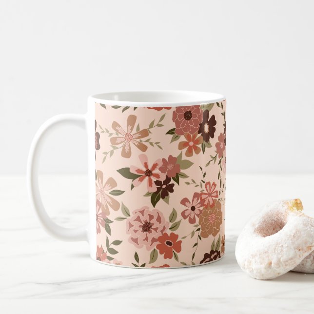 Whimsical Peach Brown Floral Pattern Coffee Mug (With Donut)