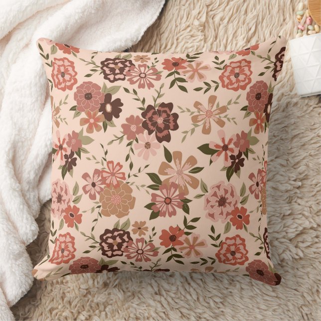 Whimsical Peach Brown Floral Pattern Cushion (Blanket)