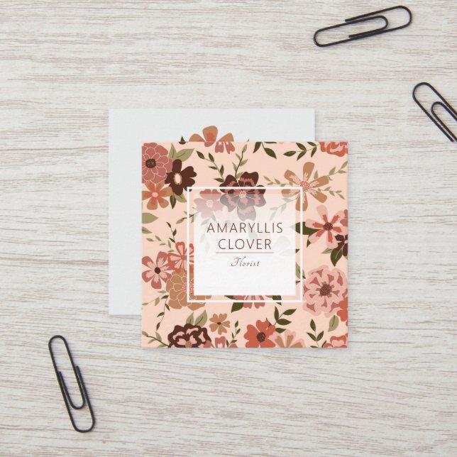 Whimsical Peach Brown Floral Pattern Square Business Card (Front/Back In Situ)