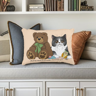 Whimsical Peach Cute Grey Cat Teddy Bear Humour Decorative Cushion