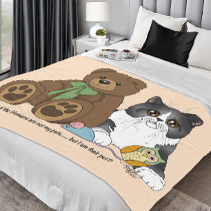 Whimsical Peach Cute Grey Cat Teddy Bear Humour Fleece Blanket