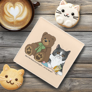 Whimsical Peach Cute Grey Cat Teddy Bear Humour Glass Coaster