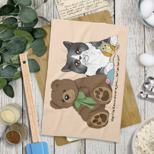 Whimsical Peach Cute Grey Cat Teddy Bear Humour Tea Towel