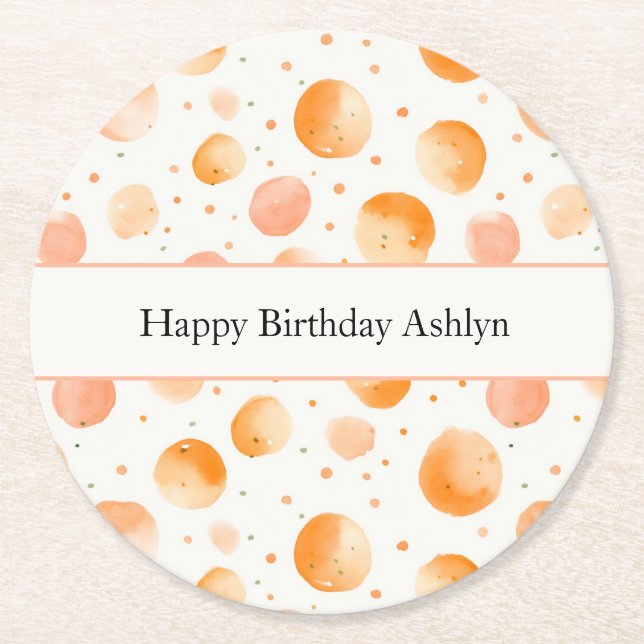 Whimsical Peach Dots Birthday Round Paper Coaster (Front)