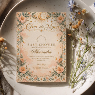 Whimsical Peach Floral Over The Moon Baby Shower Invitation