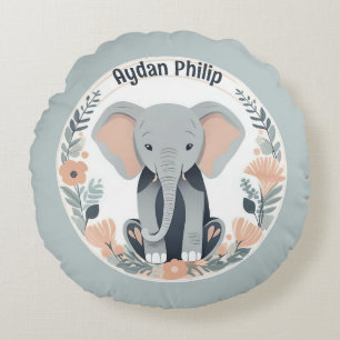Whimsical Peach & Grey Baby Elephant Round Cushion