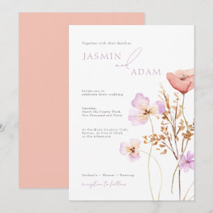 Whimsical Peach Lilac Wildflower Monogram Wedding Invitation