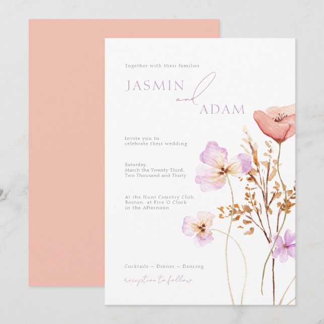 Whimsical Peach Lilac Wildflower Monogram Wedding Invitation (Front/Back)