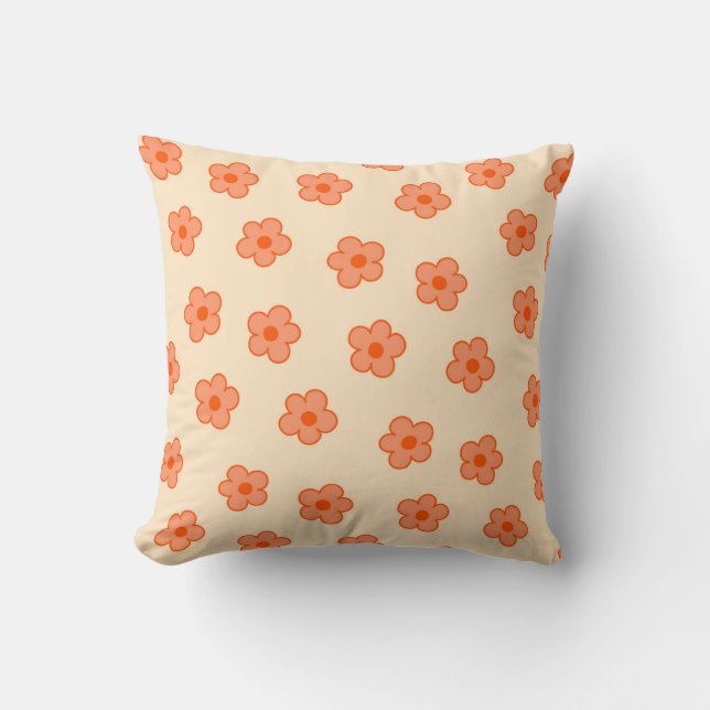 Whimsical Peach & Orange Floral Retro, Cheerful Cushion (Front)
