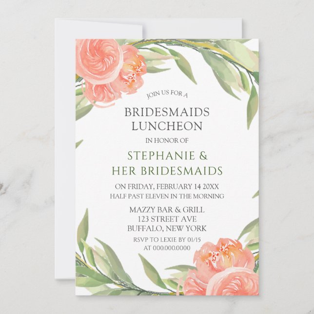 Whimsical Peachy Peonies Bridesmaids Luncheon Invitation (Front)