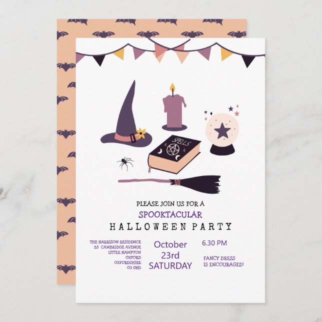 Whimsical peachy pink witch themed   invitation (Front/Back)