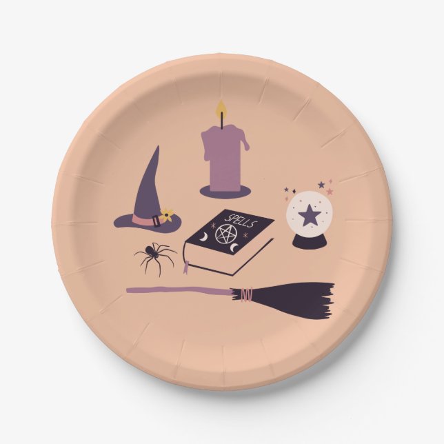 Whimsical peachy pink witch themed paper plate (Front)