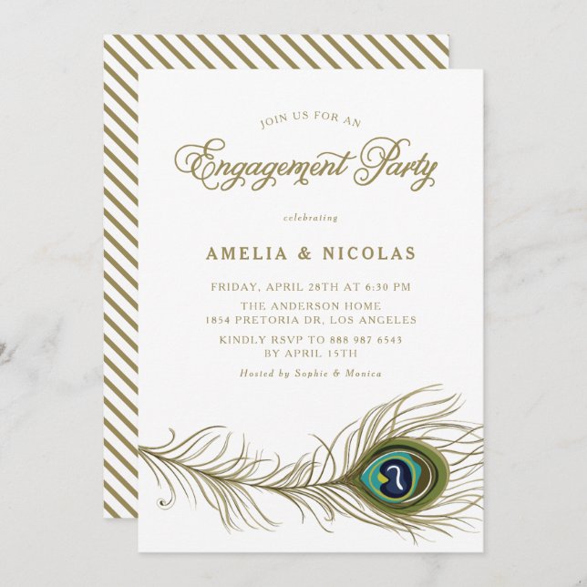 Whimsical Peacock Feather Engagement Party Invitation (Front/Back)