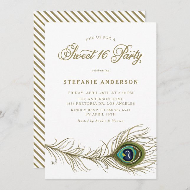 Whimsical Peacock Feather Sweet 16 Party Invitation (Front/Back)