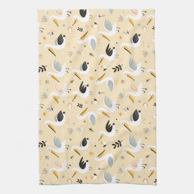 Whimsical Pelican Paradise Tea Towel (Vertical)