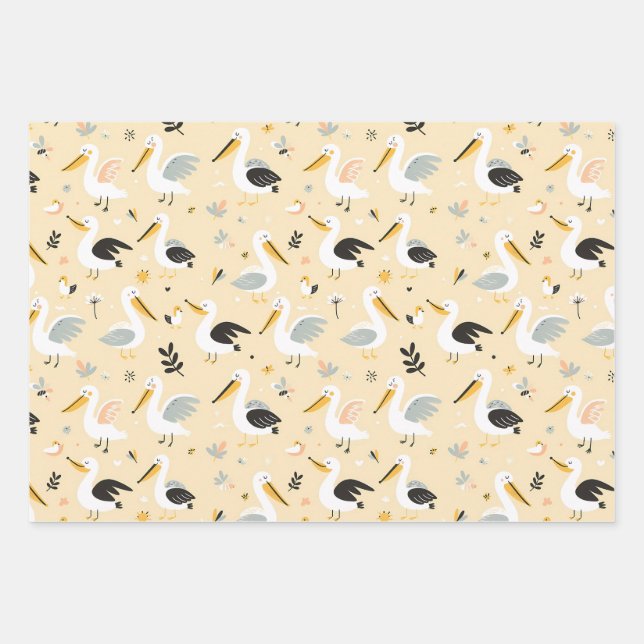 Whimsical Pelican Paradise Wrapping Paper Sheet (Front)