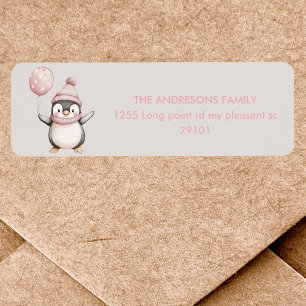 Whimsical Penguin Birthday Label   Vintage Pink 