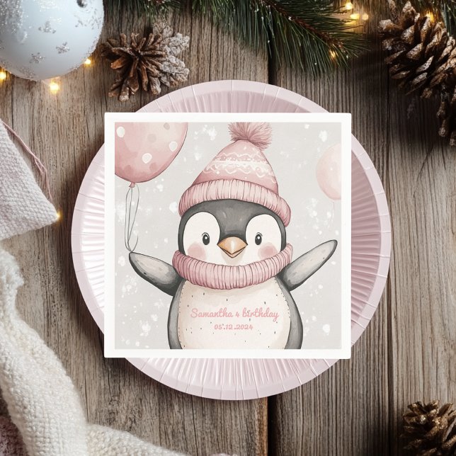 Whimsical Penguin Birthday Napkin | Vintage Pink  (Creator Uploaded)