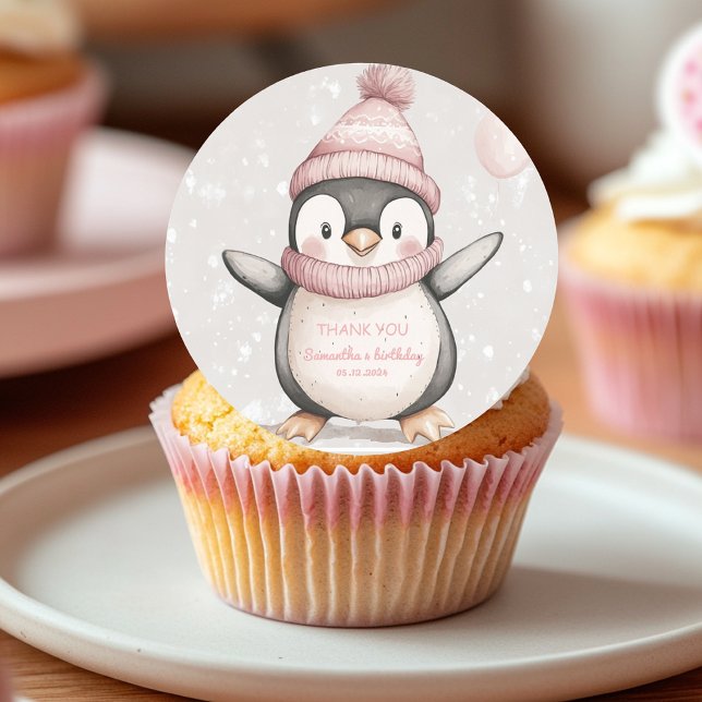 Whimsical Penguin Birthday Thank You Pink Classic Round Sticker (Creator Uploaded)