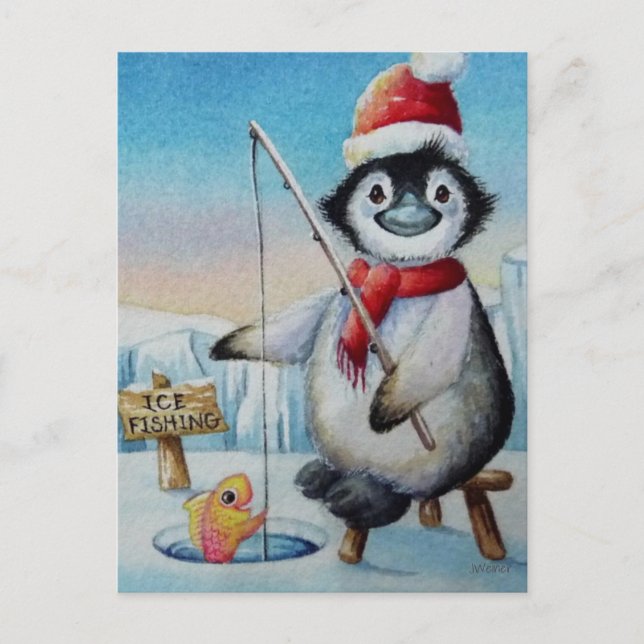 Whimsical Penguin Ice Fishing Watercolor Art Postcard (Front)