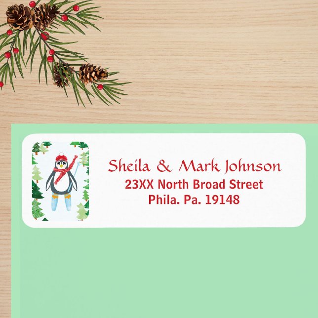 Whimsical Penguin Skiing Christmas Tree Art (Penguin Skiing on Mountain Christmas Trees Label)