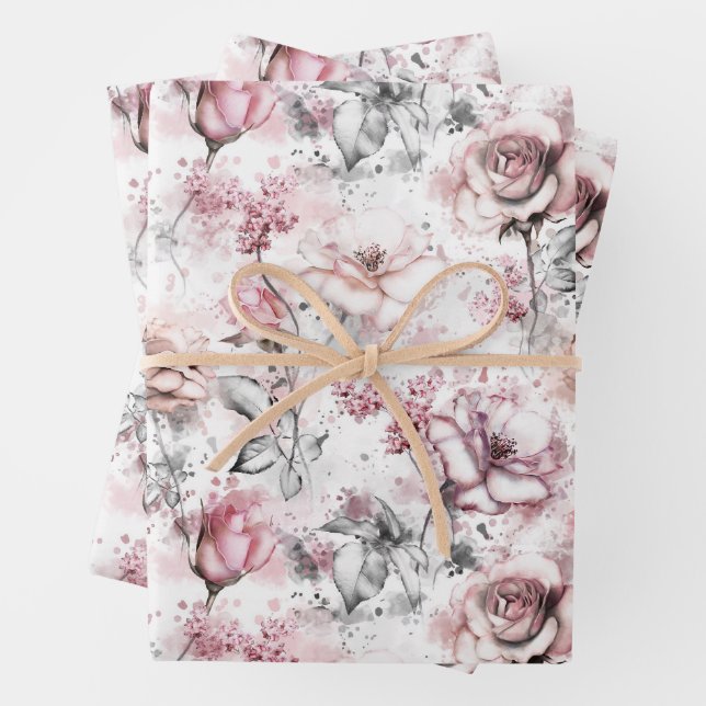 Whimsical Peony and Roses Wrapping Paper Sheet (In situ)