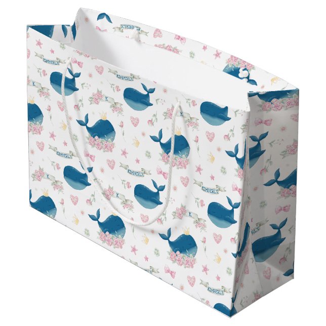 Whimsical Personalised Floral Whale Large Gift Bag (Back Angled)