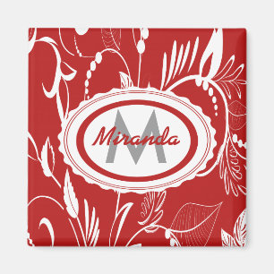 Whimsical Personalised Red and White Floral Design Magnet