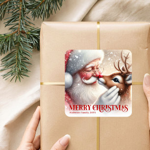 Whimsical Personalized Santa and Rudolph Holiday Square Sticker