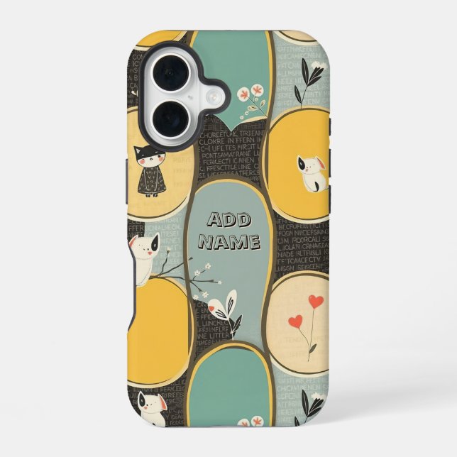 Whimsical Pet and Floral Pattern iPhone 16 Case (Back)