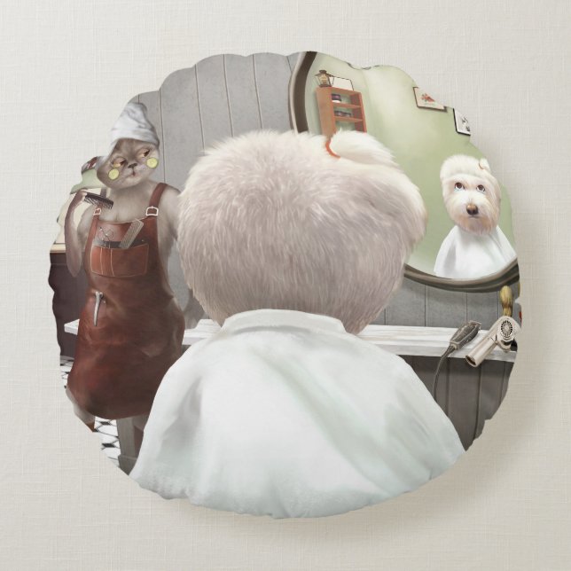 Whimsical Pet Barber Shop Round Cushion (Front)