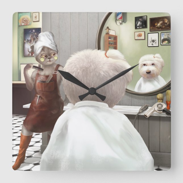Whimsical Pet Barber Shop Square Wall Clock (Front)