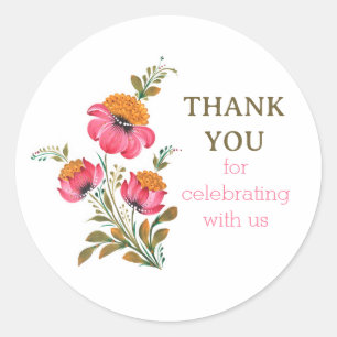 Whimsical Petrykivka Pink Floral Classic Round Sticker