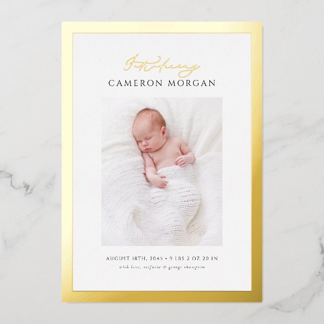 Whimsical Photo Gold Foil Birth Announcement (Front)