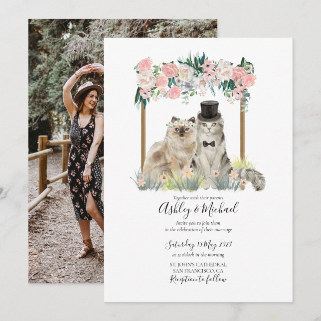 Whimsical Photo Watercolor Cat Pink White Floral Invitation (Front/Back)