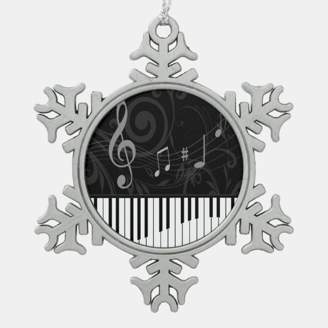 Whimsical Piano and Musical Notes Snowflake Pewter Christmas Ornament (Front)