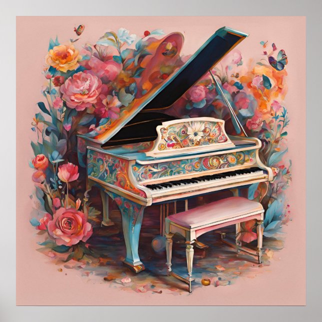 Whimsical Piano in Bloom Poster (Front)