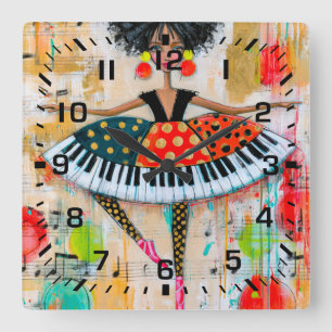 Whimsical Piano Keys Music Ballerina Square Wall Clock