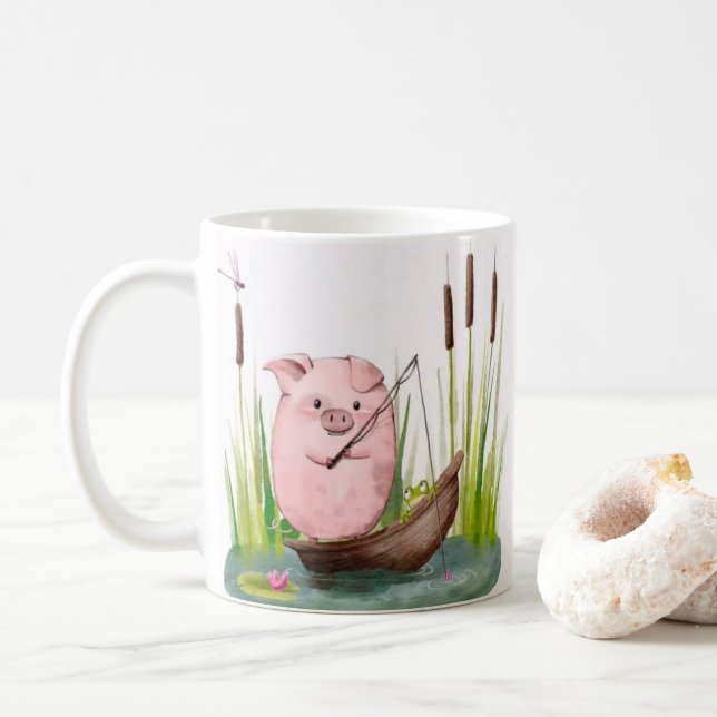 Whimsical Pig Fishing Mug (With Donut)