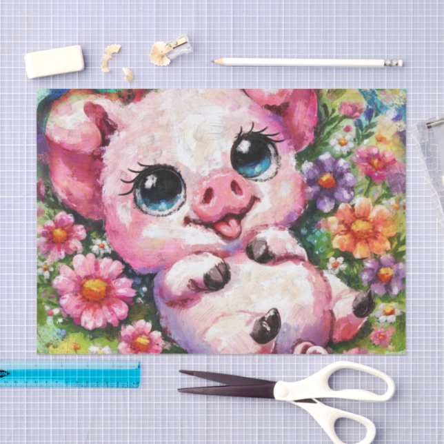 Whimsical Pig Piglet Flowers Decoupage Tissue Paper (Craft)